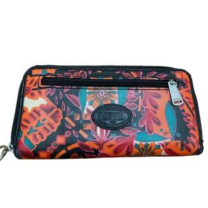 Fossil Floral Wallet Clutch Coated Canvas Orange Pink Teal Black Zip‎ Around